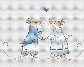May include: Two mice in blue and white clothing are dancing with a blue heart above them. The mice are holding hands and smiling.