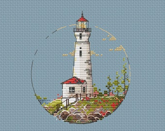 Modèle de point de croix de phare blanc paysage de point de croix de phare du lac Michigan avec point de croix de phare faire un phare de souhait