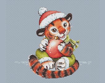 Tiger with ball cross stitch pattern Christmas tiger cross stitch