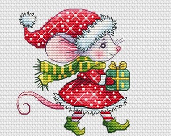 Kerstmuis met cadeau-kruissteekpatroon