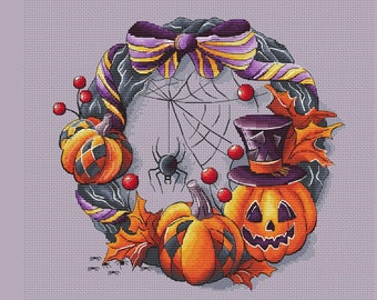 Halloween pumpkin wreath cross stitch pattern black wreath cross stitch