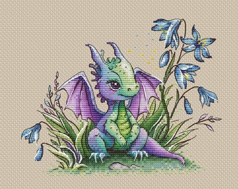 Dragon with snowdrops cross stitch pattern