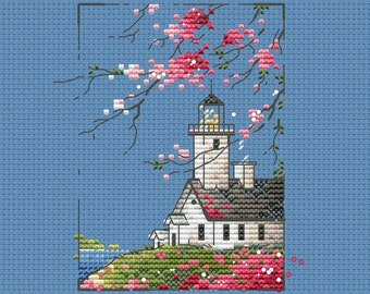 Spring lighthouse cross stitch pattern lighthouse with blossom tree cross stitch sakura tree cross stitch