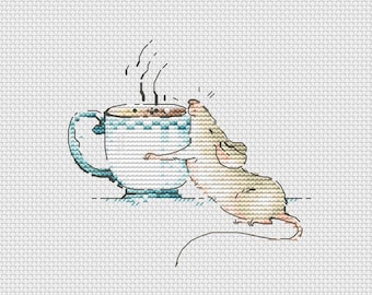 Cup of hot tea cross stitch pattern mouse with tea cross stitch teatime ornament cross stitch funny mouse cross stitch
