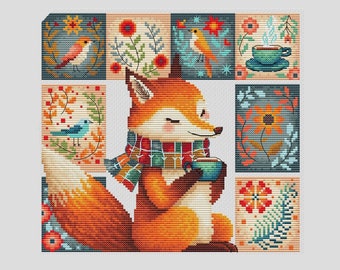 Fox with cup of tea cross stitch pattern