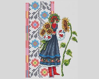 May include: A cross-stitch pattern featuring a woman in a blue dress and a sunflower crown, holding sunflowers. The background is a colorful geometric pattern.