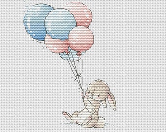 Bunny with pink and blue balloons cross stitch pattern baby birth record cross stitch