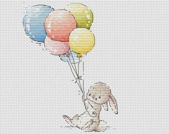 Baby birthday cross stitch pattern bunny with balloons cross stitch