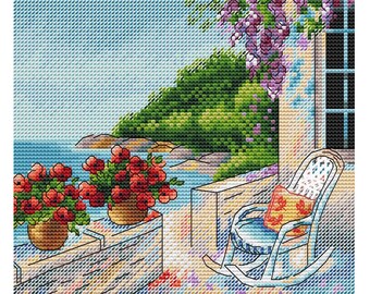 Summer veranda cross stitch pattern chair on the terrace cross stitch summer view cross stitch