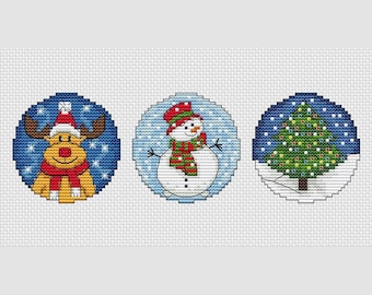 丸いクリスマスオーナメントのクロスステッチパターン