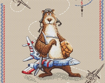 Bear cross stitch pattern bear with airplane instant download pdf pattern cross stitch for boy nursery decor bear with barrel of honey pdf