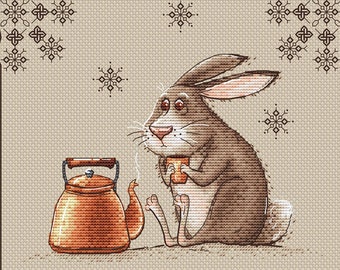 Bunny with kettle of coffee cross stitch pattern Rabbit with cup of coffee cross stitch cute bunny cross stitch pattern bunny love coffee