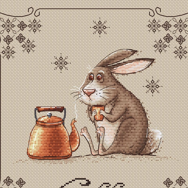 Bunny with kettle of coffee cross stitch pattern Rabbit with cup of coffee cross stitch cute bunny cross stitch pattern bunny love coffee