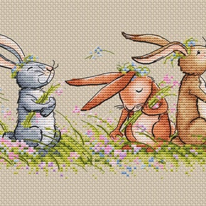 Three bunnies Cross Stitch pattern Bunnies with flowers cross stitch Spring bunnies cross stitch Cute bunnies embroidery pattern Spring