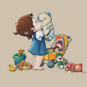 Baby meisje met speelgoed kruissteek patroon moeder kruissteek speelgoed beer kruissteek meisje met teddy kruissteek cadeau voor meisje baby kruissteek