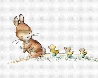 Bunny with toy ducklings cross stitch pattern little rabbit cross stitch baby birth record cross stitch pattern by SVStitch