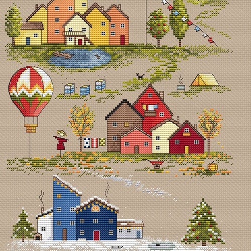 Season Village Cross Stitch Pattern House Cross Stitch Four Etsy