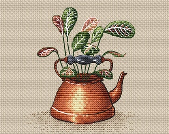 Bouilloire en laiton Cross Stitch Pattern Maranta point de croix bouilloire en cuivre point de croix plante verte point de croix fleurs point de croix théière