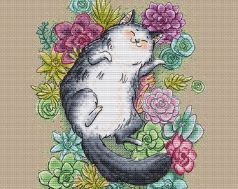 Lazy Cat cross stitch pattern Cat with succulents cross stitch cute cat with cactus cross stitch Fat Cat with flowers cross stitch pattern
