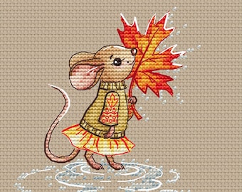 Little mouse cross stitch pattern maple leaf cross stitch autumn fairy cross stitch mouse girl cross stitch cute mouse cross stitch
