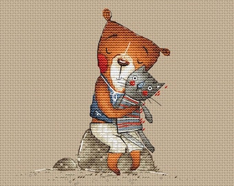 Little Bear with cat cross stitch pattern Bear boy with kitten cross stitch pattern by SVStitch