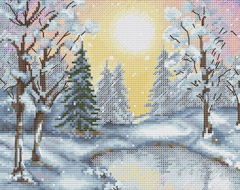 Winter forest cross stitch pattern winter landscape cross stitch trees in the snow cross stitch