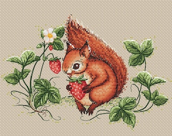 Eichhörnchen Kreuzstichmuster Waldtier Kreuzstichmuster Eichhörnchen mit Erdbeere Kreuzstich süßes Eichhörnchen Kreuzstich