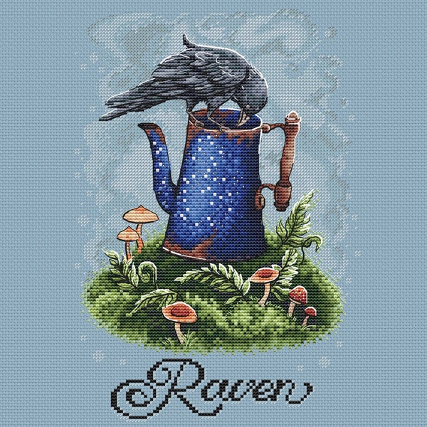 Raven cross stitch pattern old kettle cross stitch orest cross stitch chart blue kettle pattern pdf bird cross stitch pattern raven