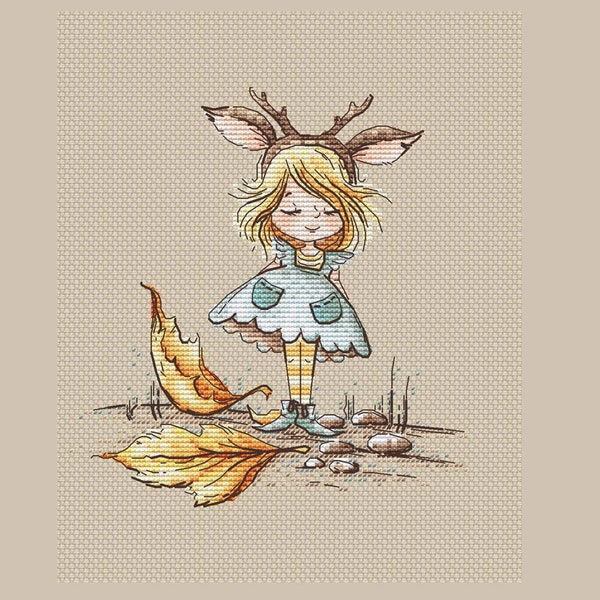 Mała jesienna wróżka wzór haftu krzyżykowego dziewczyna z rogami jelenia pdf urocza leśna dziewczyna wzór haftu krzyżykowego prezent dla dziewczynki