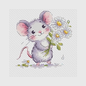 May include: A cute cartoon mouse holding a bouquet of white daisies with green stems. The mouse is gray with pink ears and a pink nose. The background is a light gray.