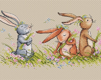 Three bunnies Cross Stitch pattern Bunnies with flowers cross stitch Spring bunnies cross stitch Cute bunnies embroidery pattern Spring