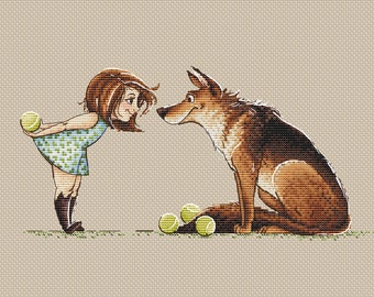 Girl with dog cross stitch pattern girl playing with dog cross stitch shepherd dog cross stitch pattern friends cross stitch pdf chart
