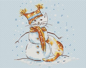 Cat and snowman cross stitch pattern