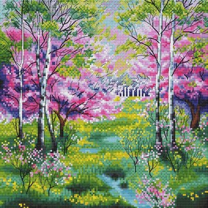 May include: A painting of a spring forest scene with tall birch trees, pink flowers, and a small stream running through the center. The trees have green leaves and the ground is covered in green grass and yellow wildflowers.