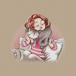 Woman with cat cross stitch pattern Woman in pink sweater pattern brown cat cross stitch gift for her warm and cozy cross stitch pattern