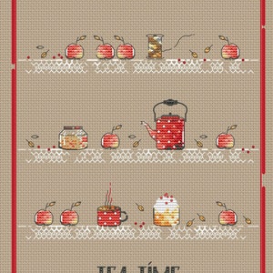 Kitchen ornament cross stitch pattern tea time cross stitch pattern red teapot cross stitch pattern Easter cake cross stitch apples