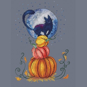 Halloween cat cross stitch pattern cat with pumpkins and moon cross stitch