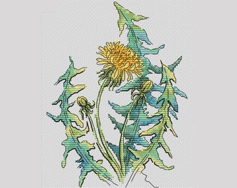 Puede incluir: Una pintura de acuarela de un diente de león con flores amarillas y hojas verdes.