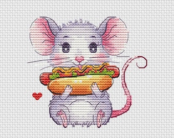Mouse with hot dog cross stitch pattern