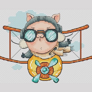 Pig aviator cross stitch pattern