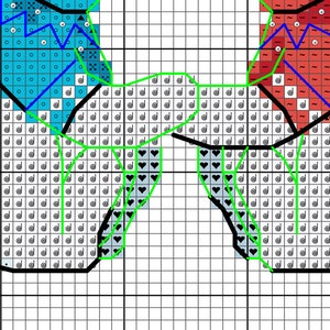 May include: Cross-stitch pattern featuring a stylized butterfly design. The pattern uses a grid of squares with various symbols and colors, including blue, red, black, green, and white. The butterfly's wings have detailed patterns.