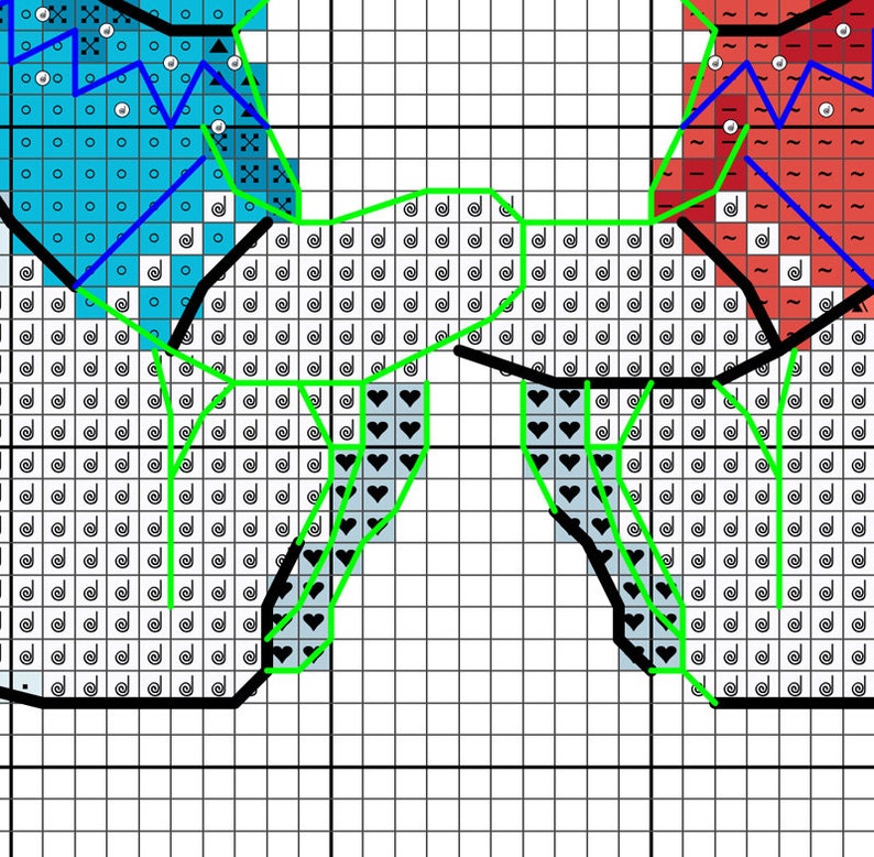 May include: Cross-stitch pattern featuring a stylized butterfly design. The pattern uses a grid of squares with various symbols and colors, including blue, red, black, green, and white. The butterfly's wings have detailed patterns.