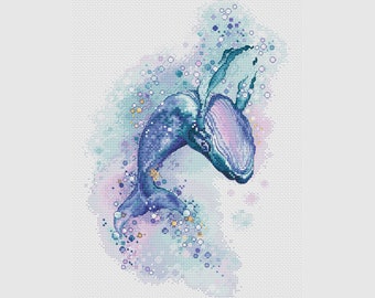 Può includere: Una balena blu che salta fuori dall'acqua, circondata da uno sfondo acquerellato di cerchi blu, verdi e rosa.