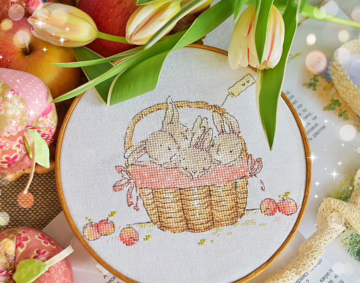 Easter Basket With Bunny Cross Stitch Pattern Basket With Bunnies Cross ...