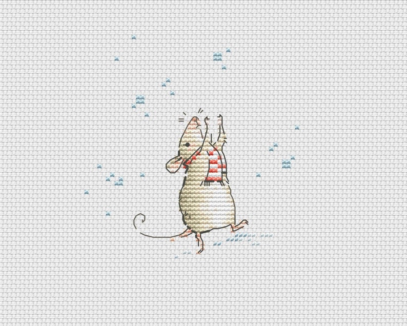 K&ouml;nnte beinhalten: Eine braune Maus mit einem rot-wei&szlig; gestreiften Schal steht auf ihren Hinterbeinen und streckt ihre Pfoten in die Luft. Die Maus schaut zu einem Wirbelwind aus blauen Schneeflocken nach oben.
