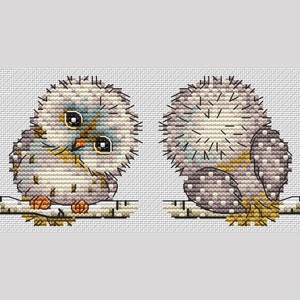 以下が含まれることがあります： 2羽の刺繍されたフクロウが枝に止まっている。1羽は正面を向いていて、もう1羽は後ろを向いている。フクロウは茶色、白、灰色で、黒い目をしている。