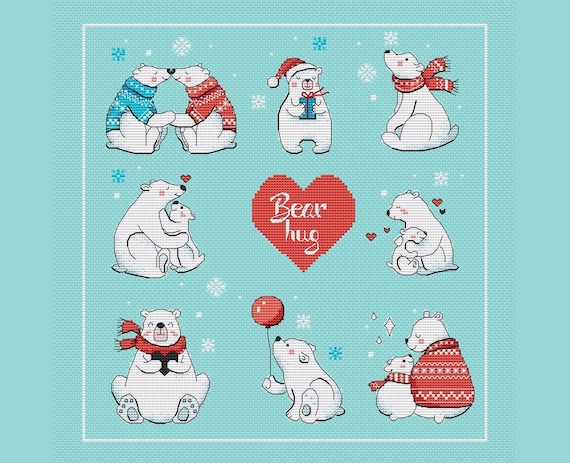 Set of cute polar bears cross stitch pattern bear hug cross stitch