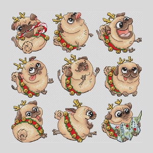 May include: Nine illustrations of pugs dressed up as reindeer with red and green Christmas decorations. Each pug has a different expression and is holding a different object, such as a candy cane, a map, or a bell.
