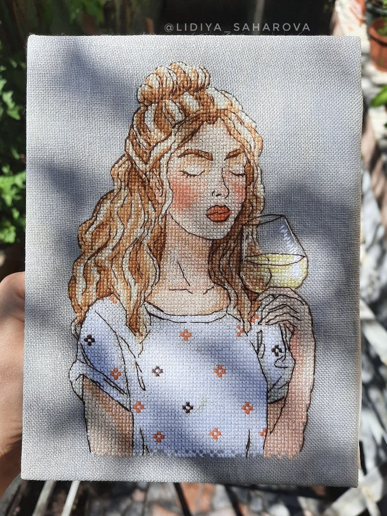Blond girl with glass of wine cross stitch pattern white wine cross stitch blond hair girl pattern glass of white wine cross stitch