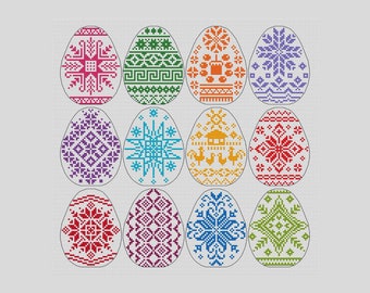 May include: Twelve colorful Easter eggs with different geometric patterns, including a house, rooster, and snowflakes.